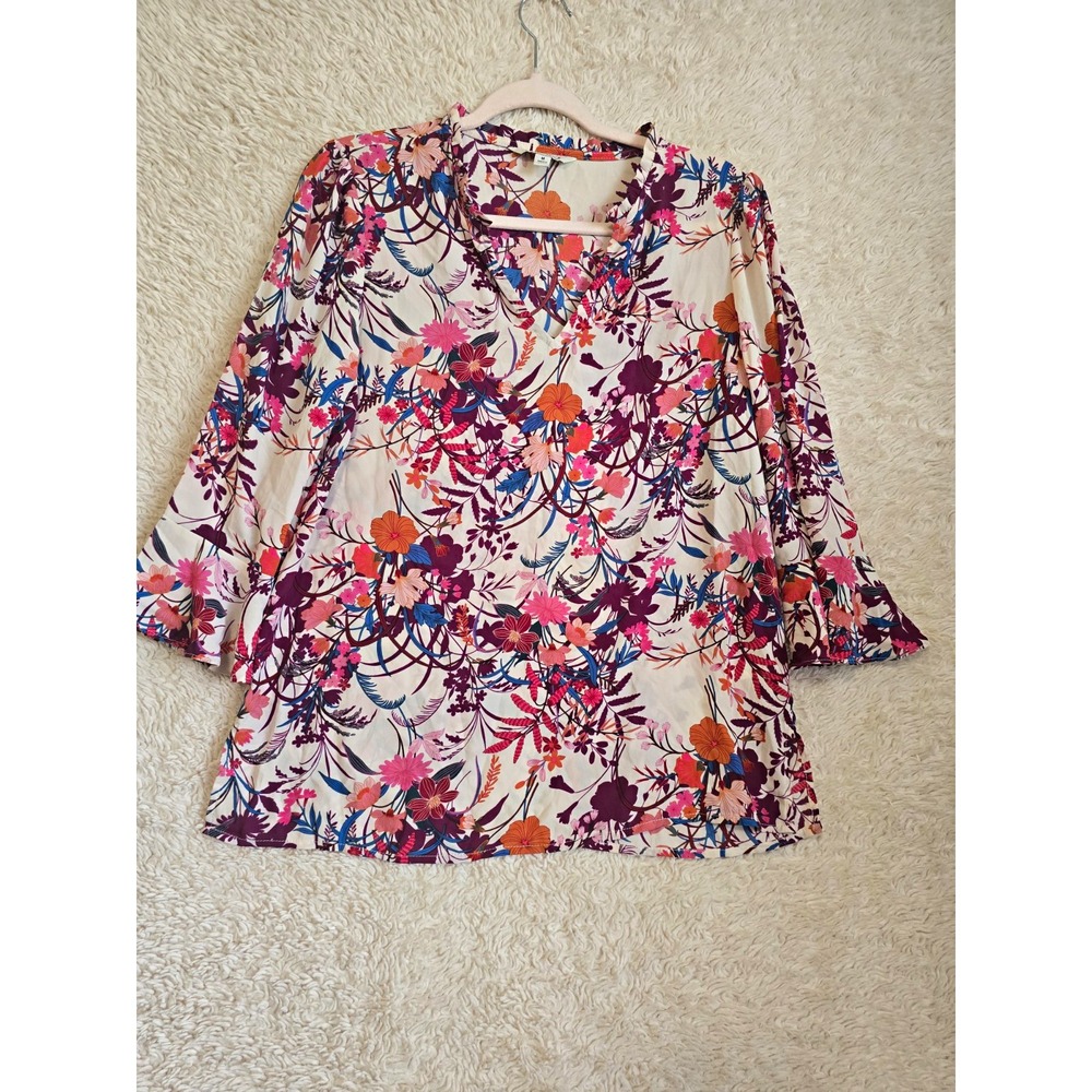 Pioneer Woman Floral V-Neck 3/4 Sleeve Ruffle Woven Blouse Top M